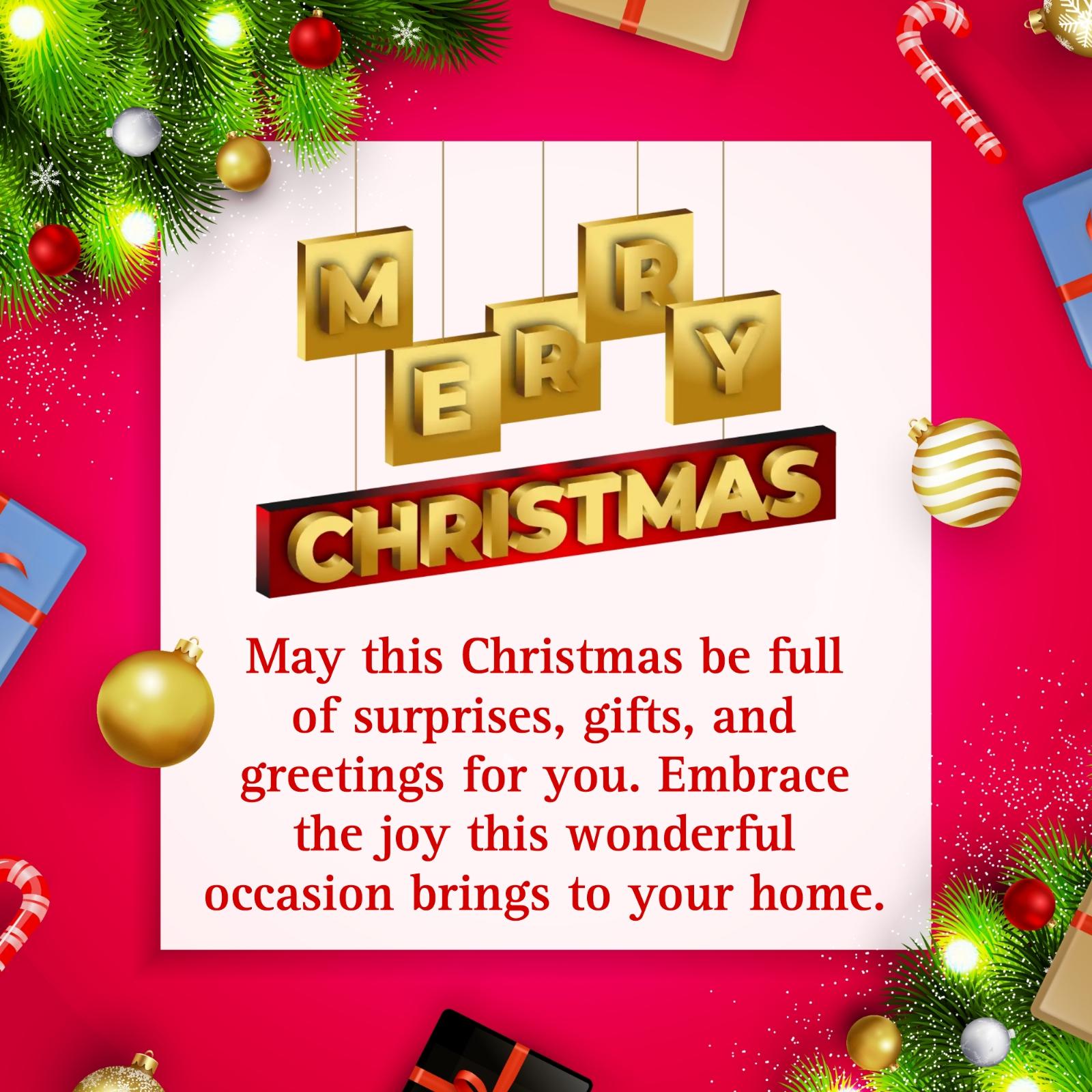 May this Christmas be full of surprises gifts and greetings