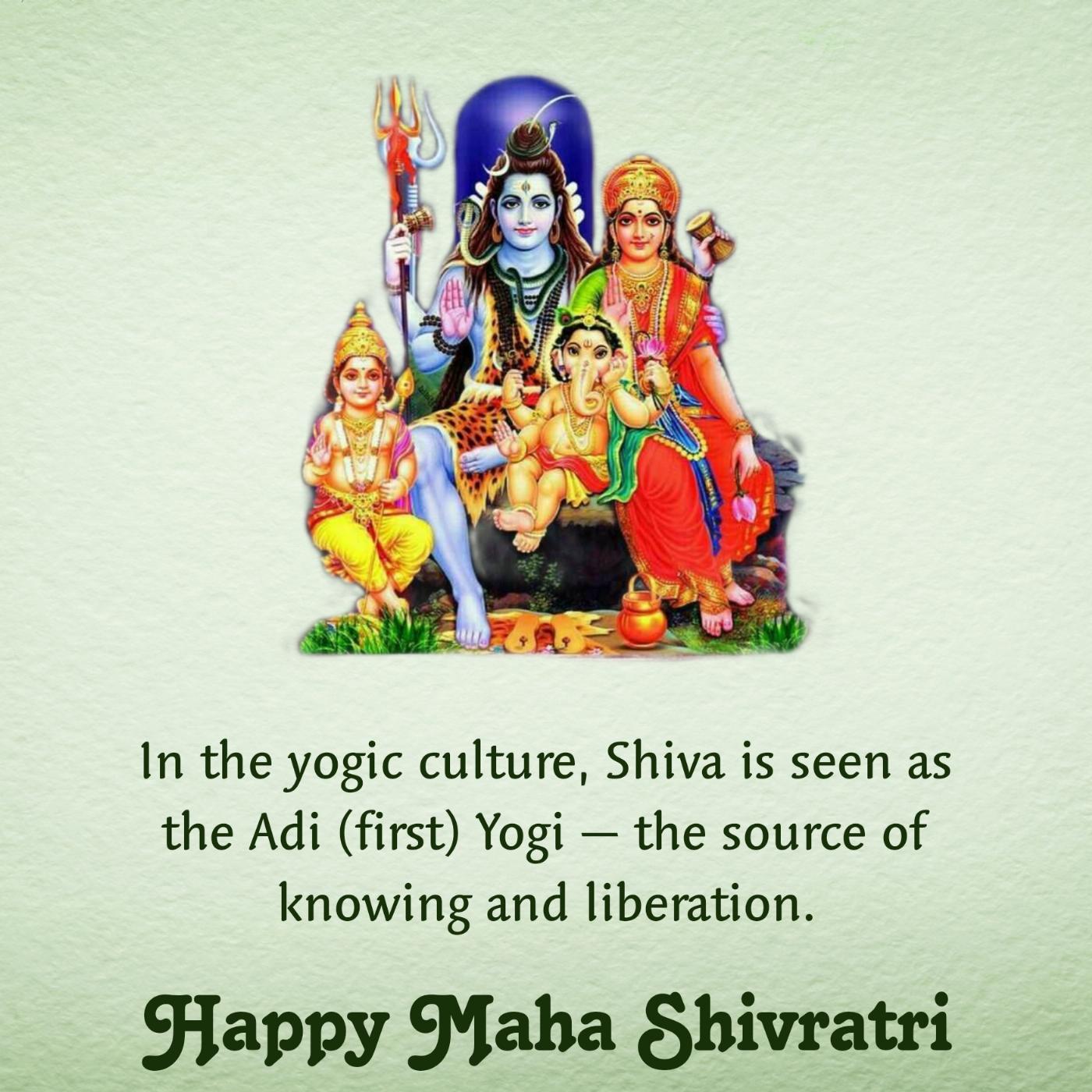 In the yogic culture Shiva is seen as the Adi (first) Yogi