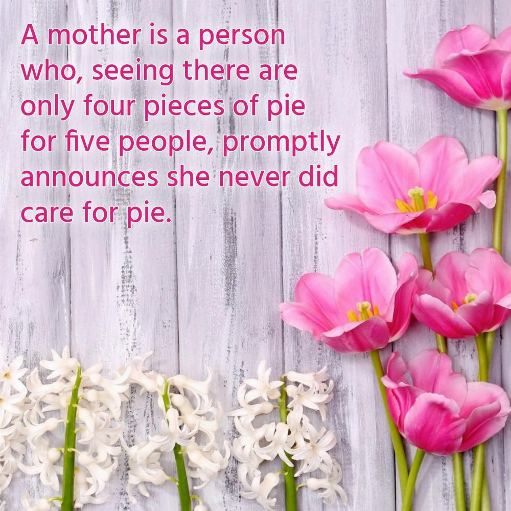 A mother is a person who seeing there are only four pieces of pie for five people