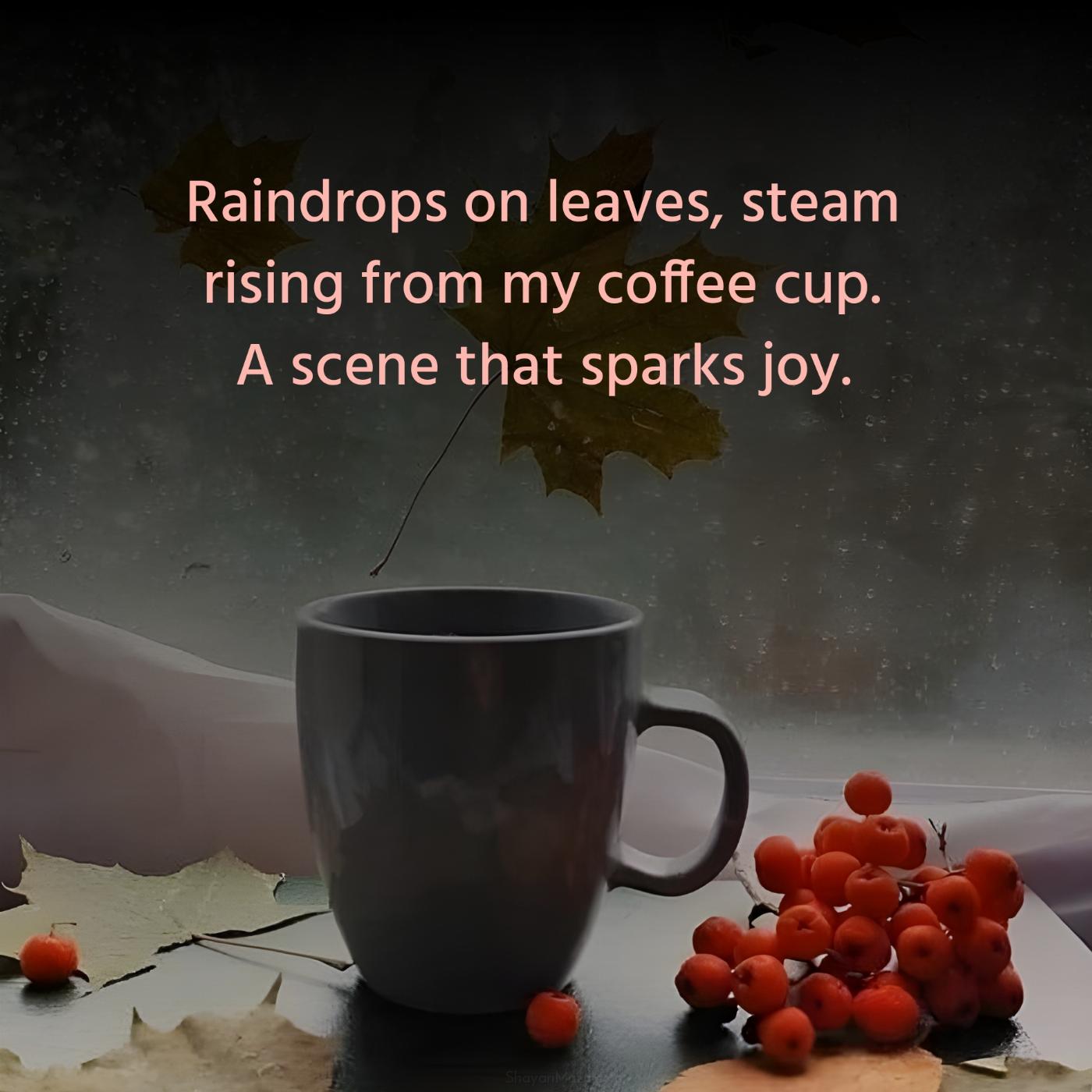 Raindrops on leaves steam rising from my coffee cup